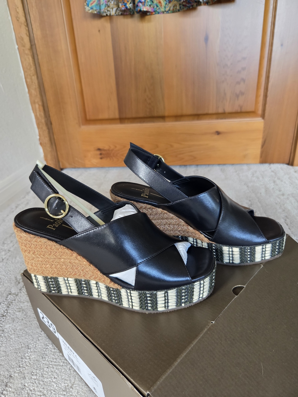 Paolo Black Leather Wedge Sandals with Woven Tan Platform, Sz. 8